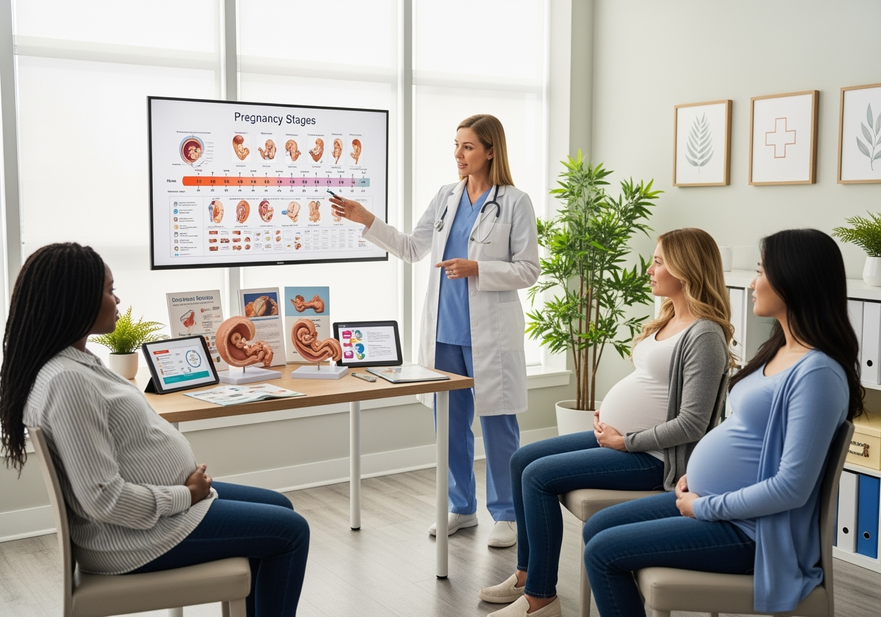 Diverse first-time mothers receiving pregnancy education from healthcare provider at Lifetime Women's Health Suffolk VA