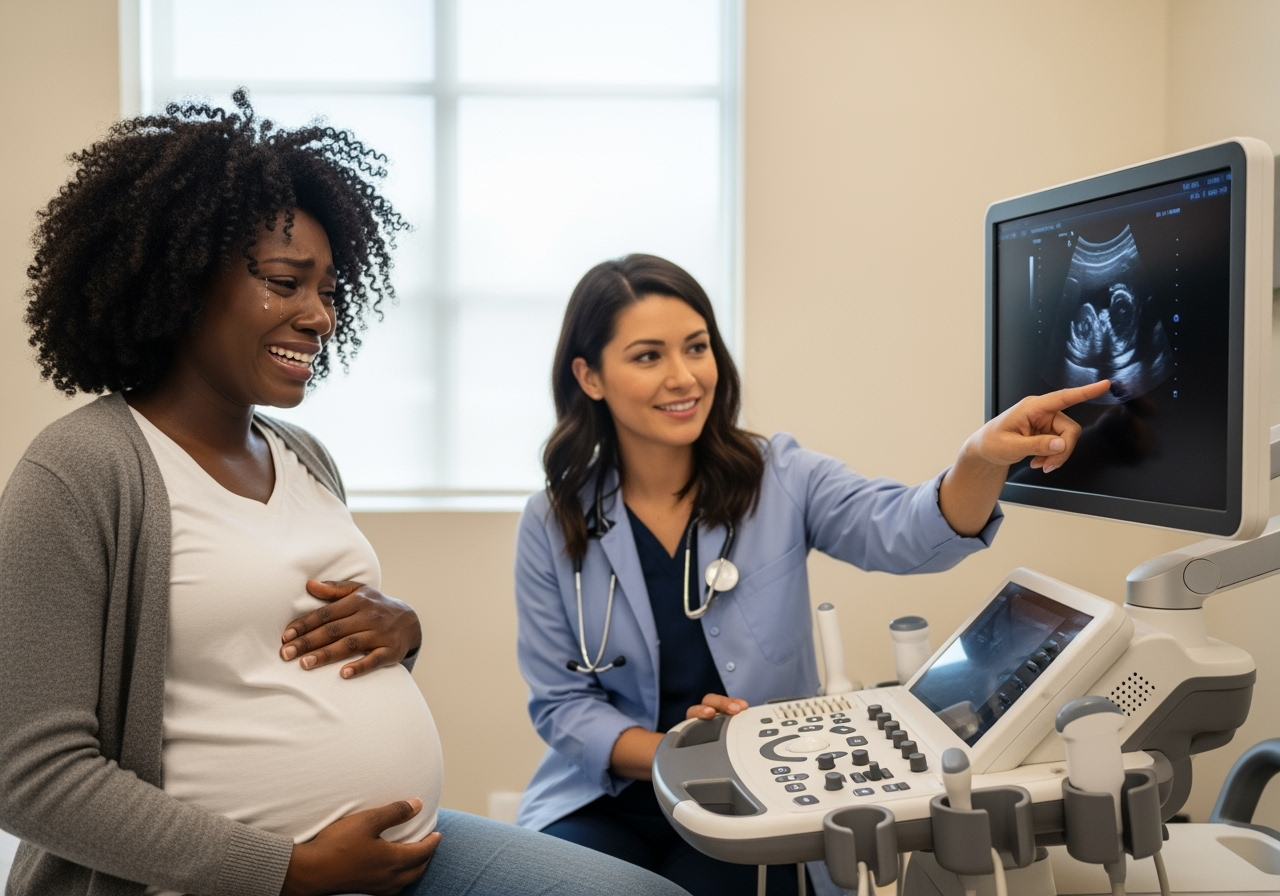 First-time mother having ultrasound at Lifetime Women's Health Harbour View location Suffolk VA - in-house prenatal imaging service