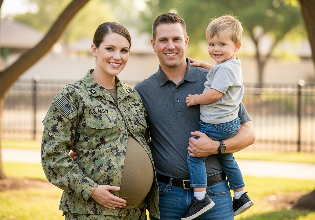 Pregnant Navy mother in military fatigues with family - TRICARE accepted prenatal care Suffolk VA Lifetime Women's Health
